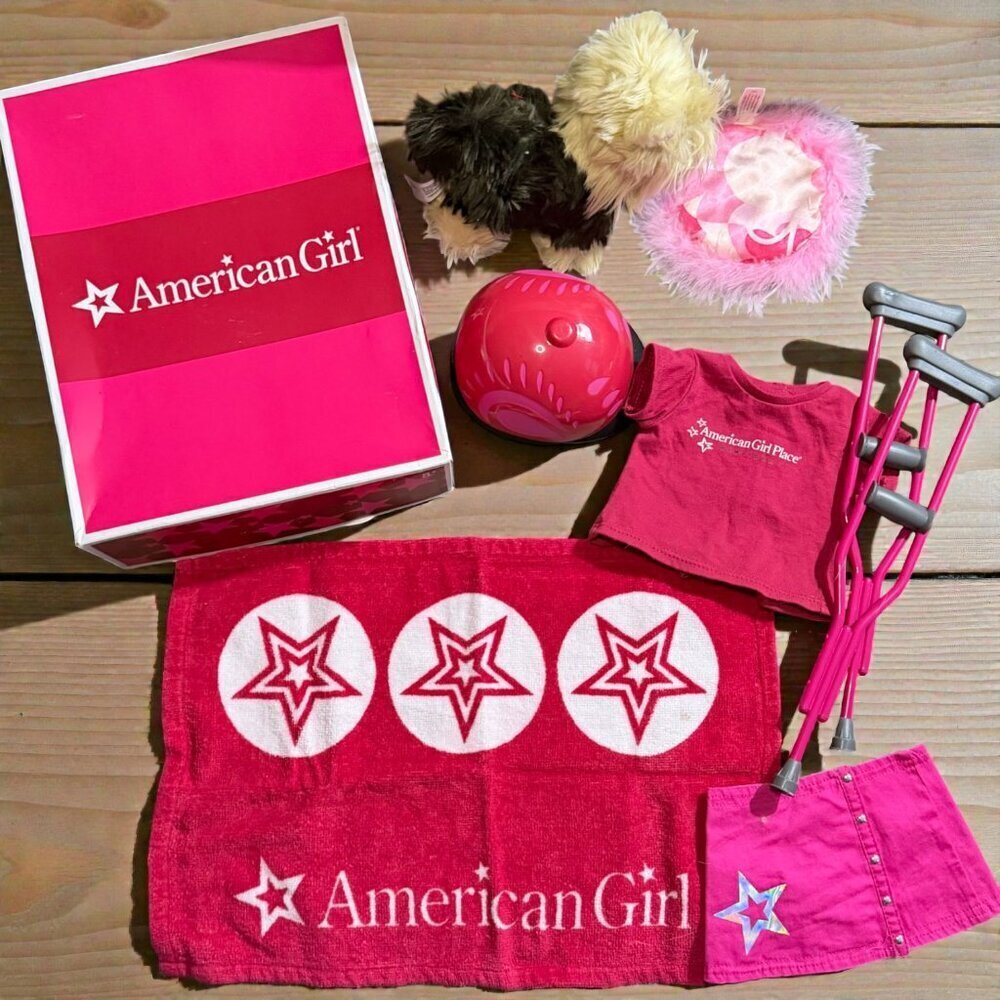 American Girl Doll Accessories Lot Crutches Coconut Dog Towel Box Helmet Outfit